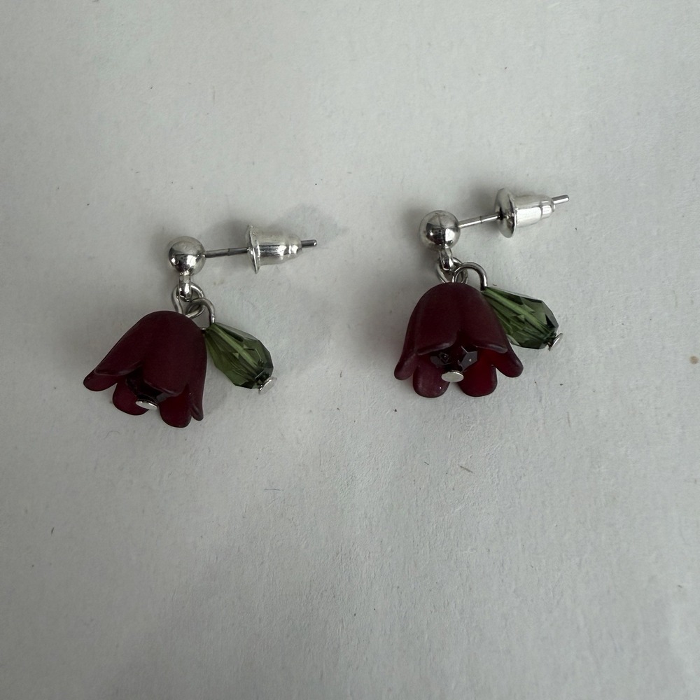 Stud Pierced Red Flower Green Stones Dangle Earrings Boho Gift Spring Preppy